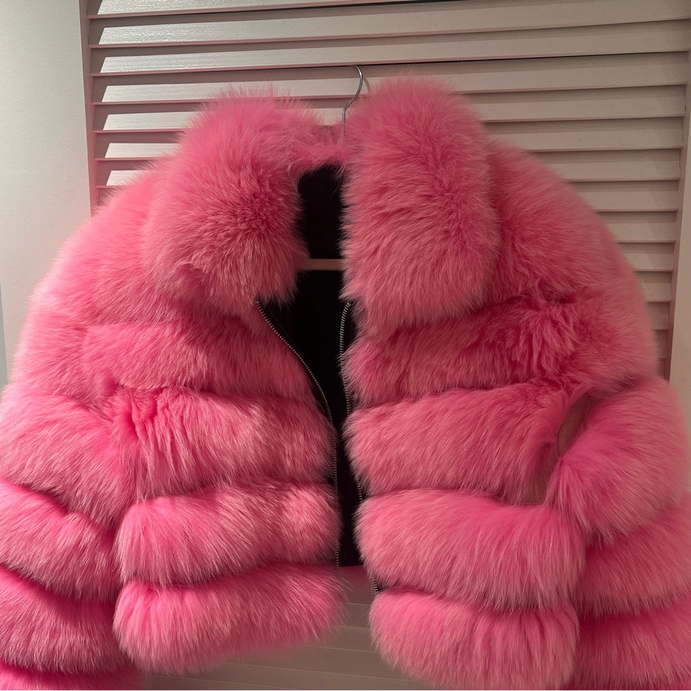 Real Pink Fox Fur Cropped Bubble Jacket - Mob Wife Aesthetic - Glam